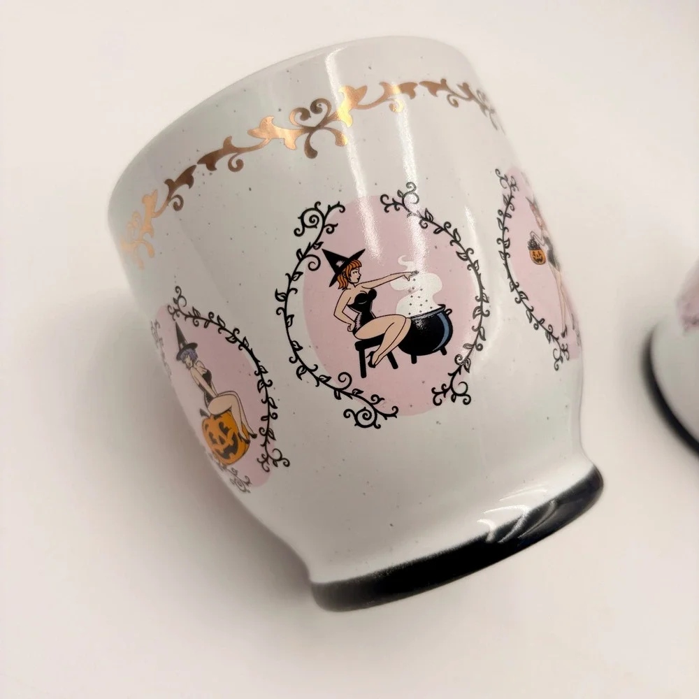 Set of 2 Retro Pin Up Witch Halloween Mugs Pink Interior Gold Filigree Ceramic